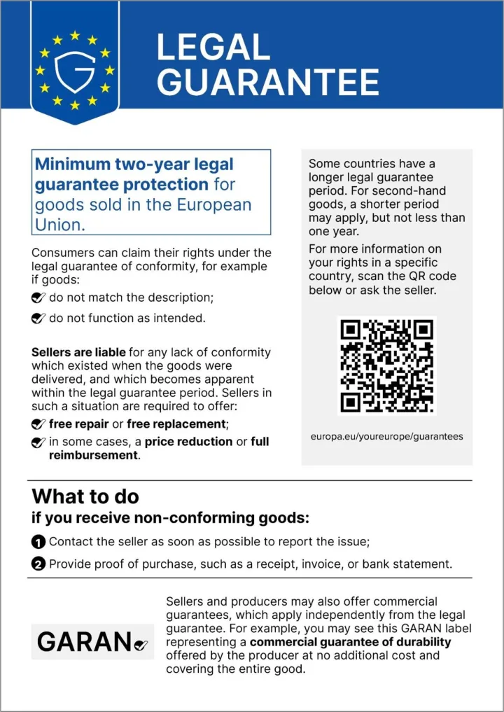 Legal guarantee: Minimum two-year legal guarantee protection for goods sold in the European Union.