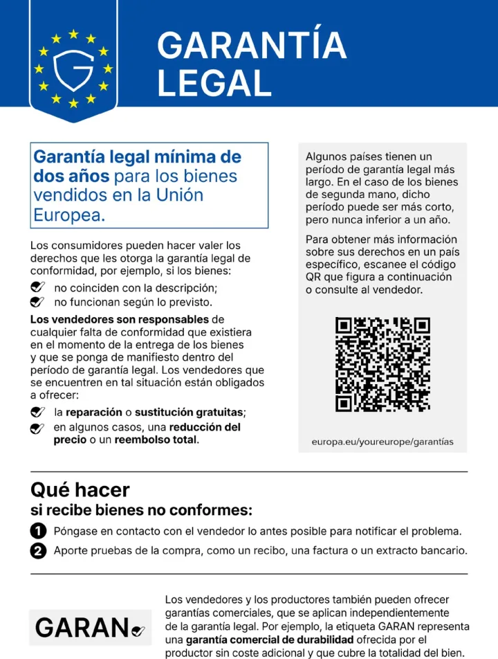 Garantía legal: Garantía legal mínima de dos años para los bienes vendidos en la Unión Europea.