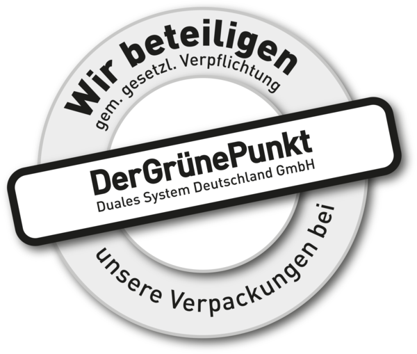 Wir beteiligen uns gemäß gesetzlicher Verpflichtung an der Entsorgung unserer Verpackungen bei Der Grüne Punkt – Duales System Deutschland GmbH
